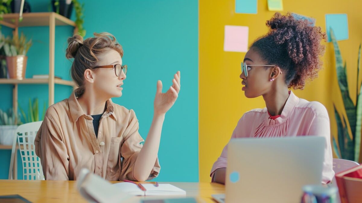 office with two colleagues debating